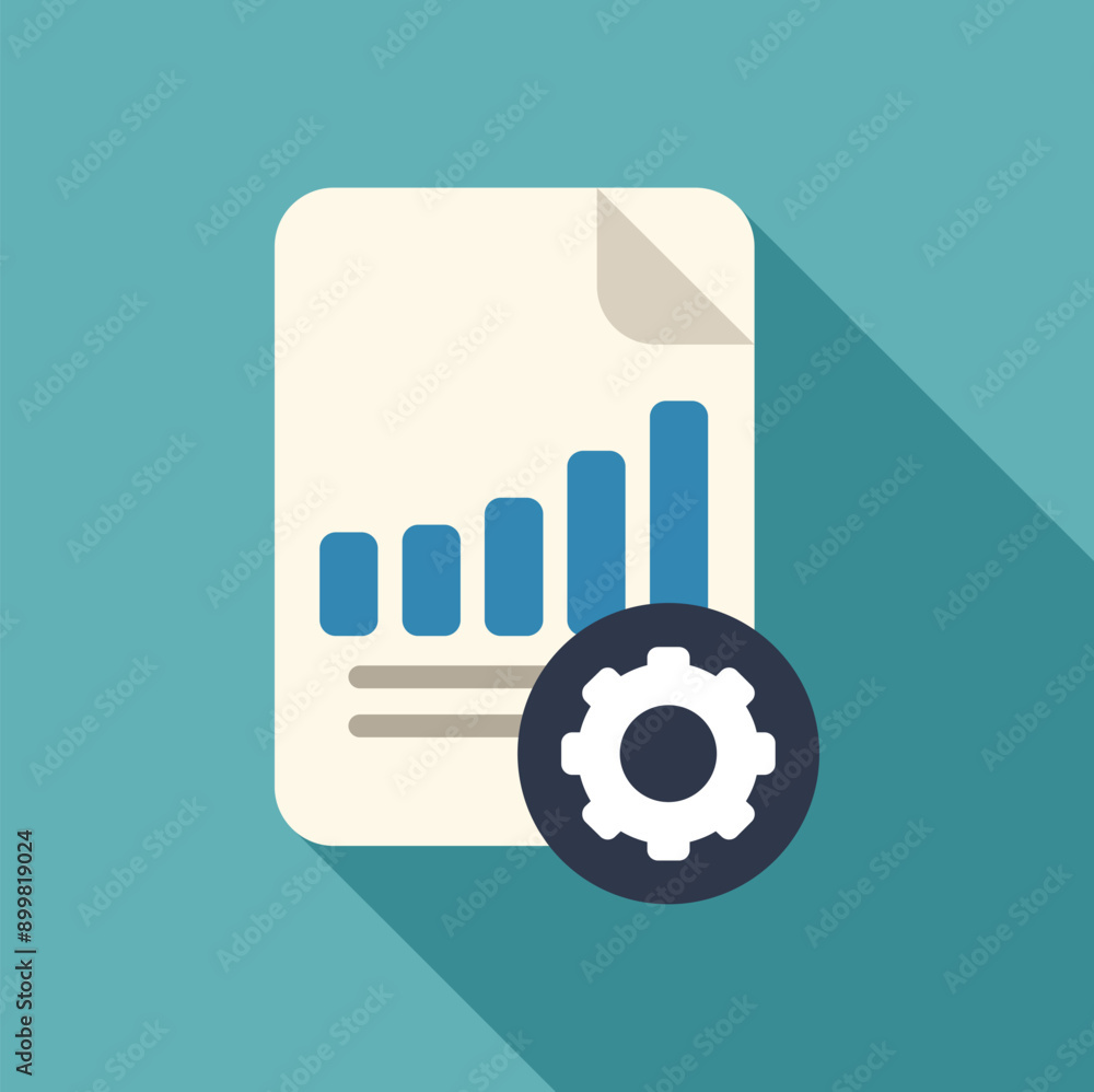Document with bar chart representing business report is being optimized with gear symbol Document with bar chart representing business report is being optimized with gear symbol
