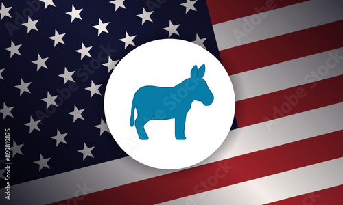 Banner with blue donkey silhouette, representing the Democratic Party, against backdrop of the American flag. This design emphasizes the party's role and influence in the U.S. political landscape