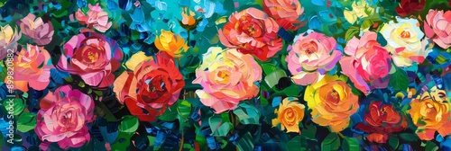 A colorful painting depicting a lush garden filled with various shades of roses, symbolizing love, beauty, passion, and nature's abundance.