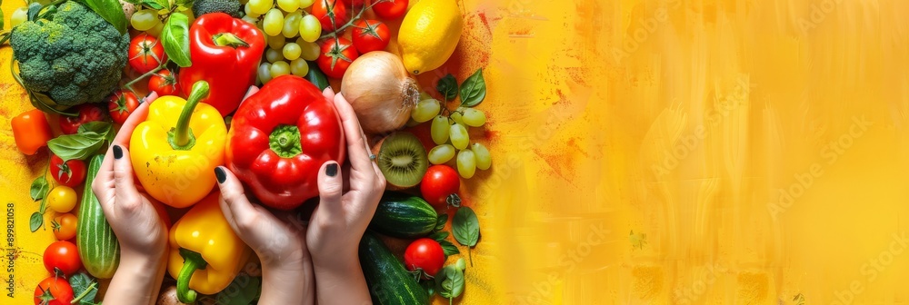 Hands holding fresh vegetables on a yellow background. Perfect for promoting healthy diets and vegetarian lifestyles. Hands holding fresh vegetables on a yellow background. Perfect for promoting healthy diets and vegetarian lifestyles.