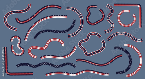 Set of various ribbon-like abstract shapes in blue, white, and red colors of American flag) with  text VOTE repeatedly printed along them. Tapes as design element for 2024 U.S. Presidential Election