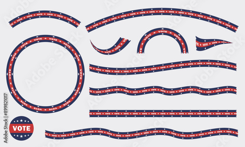 Set of various patriotic ribbons and elements with text VOTE 2024 and stars in a pattern for 2024 U.S. Presidential Election. Tapes, lines, stripes in colors of American flag. Vector decoration