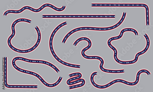 Set of various ribbon-like abstract shapes in blue, white, and red colors of American flag) with  text VOTE repeatedly printed along them. Tapes as design element for 2024 U.S. Presidential Election