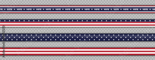 Set of seamless bright realistic ribbons with stripes, stars and text VOTE (2024 U.S. Presidential Election). Endless 3d barricade tapes in colors of American flag isolated on transparent background