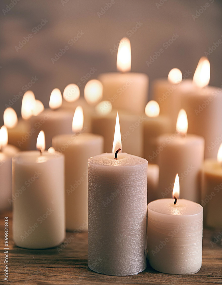 Glowing pillar candles illuminate a tranquil space Glowing pillar candles illuminate a tranquil space