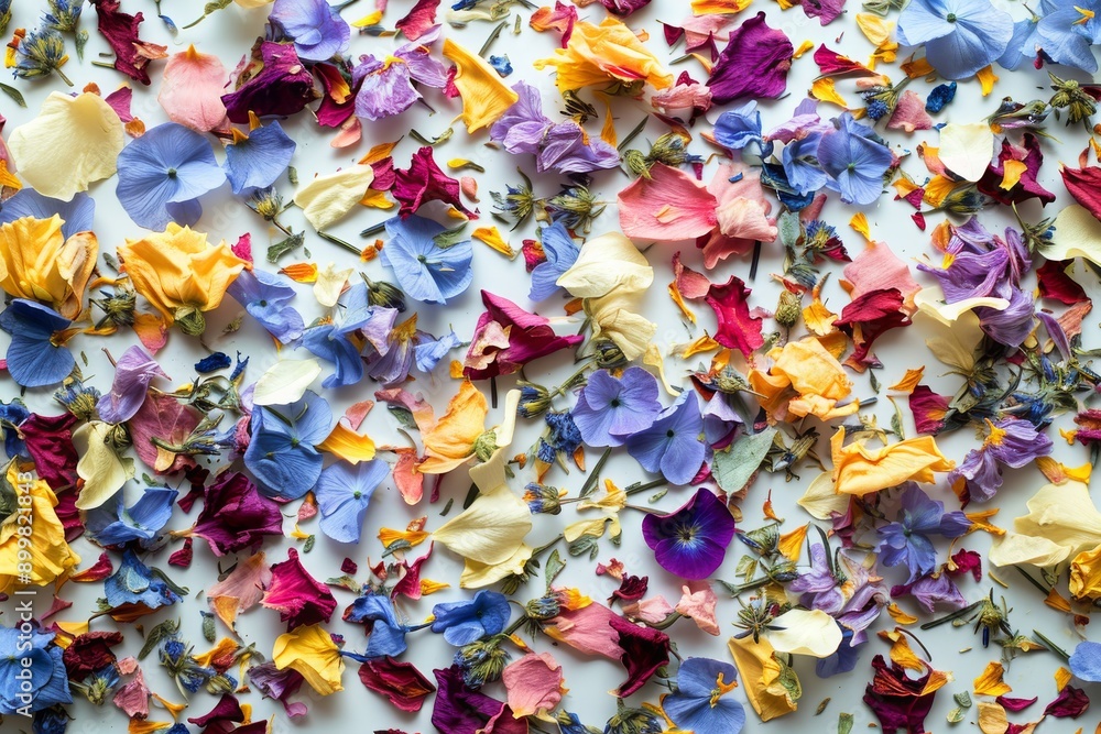 A collection of colorful flowers arranged on a table, creating a vibrant and lively display, Lush, botanical confetti made of dried flower petals, AI Generated A collection of colorful flowers arranged on a table, creating a vibrant and lively display, Lush, botanical confetti made of dried flower petals, AI Generated