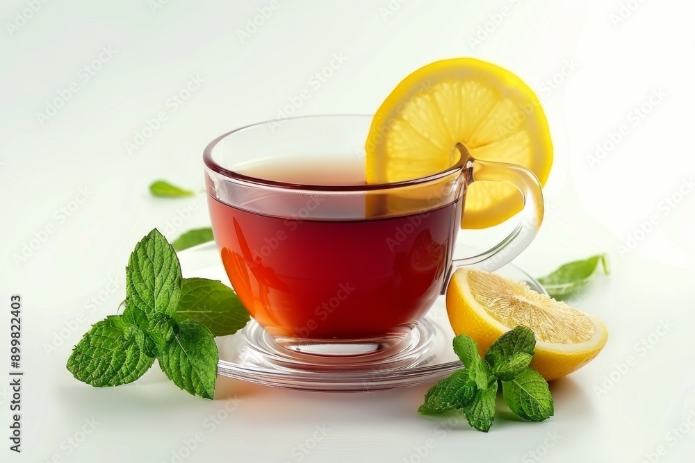 Refreshing Mint Tea with Lemon Slice in Elegant Glass Cup Refreshing Mint Tea with Lemon Slice in Elegant Glass Cup