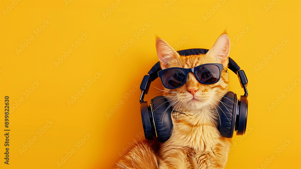 A cool cat wearing headphones and sunglasses against a yellow background, exuding a trendy and modern look. Perfect for music, style, or youth culture themes.