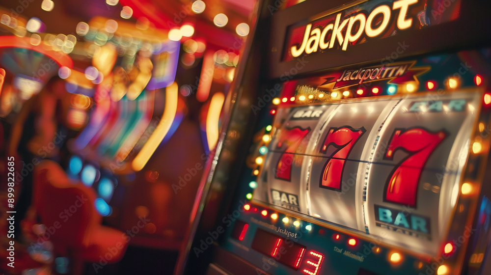 A close-up view of a slot machine showing a winning combination of three sevens, with blurred background lights evoking excitement and luck in a casino. A close-up view of a slot machine showing a winning combination of three sevens, with blurred background lights evoking excitement and luck in a casino.