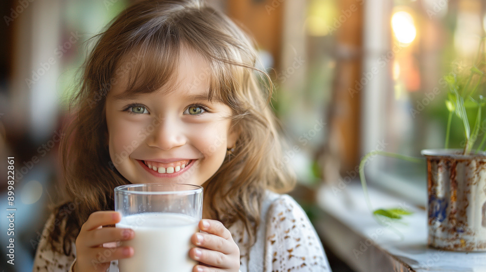 Smiling girl at the table with a glass of milk Smiling girl at the table with a glass of milk