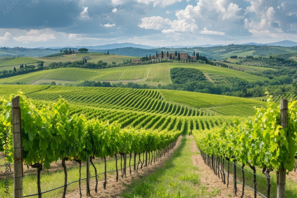 Naklejka premium A view of a vineyard in the Italian countryside, showcasing rows of grapevines stretching across the landscape, Lush vineyards on rolling Tuscan hills, AI Generated