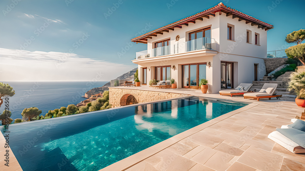 Fototapeta premium Luxury Mediterranean villa, pool overlooking sea in summer. Beautiful mansion with terrace, white house, tranquil relaxing mood. Luxurious estate. Concept of property, early sunset. Generative AI