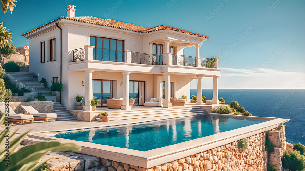Fototapeta premium Luxury Mediterranean villa, pool overlooking sea in summer. Beautiful mansion with terrace, white house, tranquil relaxing mood. Luxurious estate. Concept of property, early sunset. Generative AI
