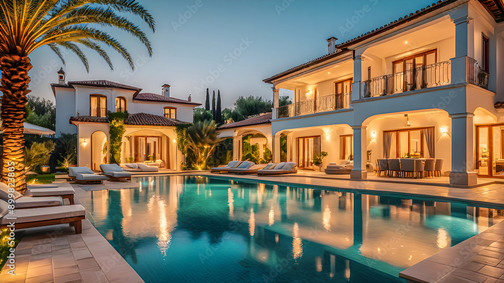 Sunset over modern luxury Mediterranean home villa with swimming pool ...