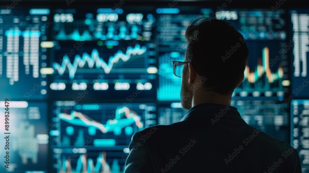 A businessman, viewed from behind, analyzes real-time data displayed on several digital screens. The vibrant and dynamic data visualizations suggest a high-energy environment where technology meets A businessman, viewed from behind, analyzes real-time data displayed on several digital screens. The vibrant and dynamic data visualizations suggest a high-energy environment where technology meets