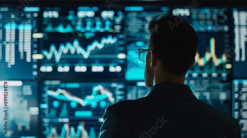 A businessman, viewed from behind, analyzes real-time data displayed on several digital screens. The vibrant and dynamic data visualizations suggest a high-energy environment where technology meets