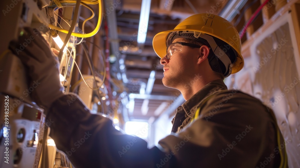 An electrician fixing electricity in an building in construction process. An electrician fixing electricity in an building in construction process.