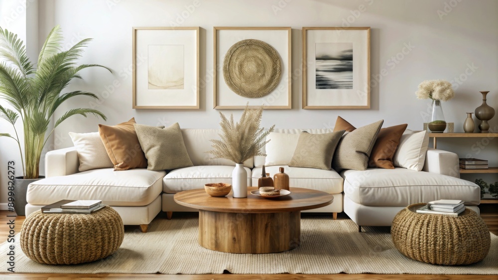 A stylish living room features a large, comfortable white sofa adorned with a mix of white and brown cushions. A stylish living room features a large, comfortable white sofa adorned with a mix of white and brown cushions.