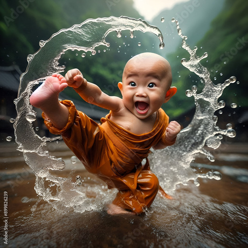 a cute chinesee baby monk, with cute funny face, water swirl with transparent spiral dragon shape come out when he practise martial art on the wet temple yard, bald