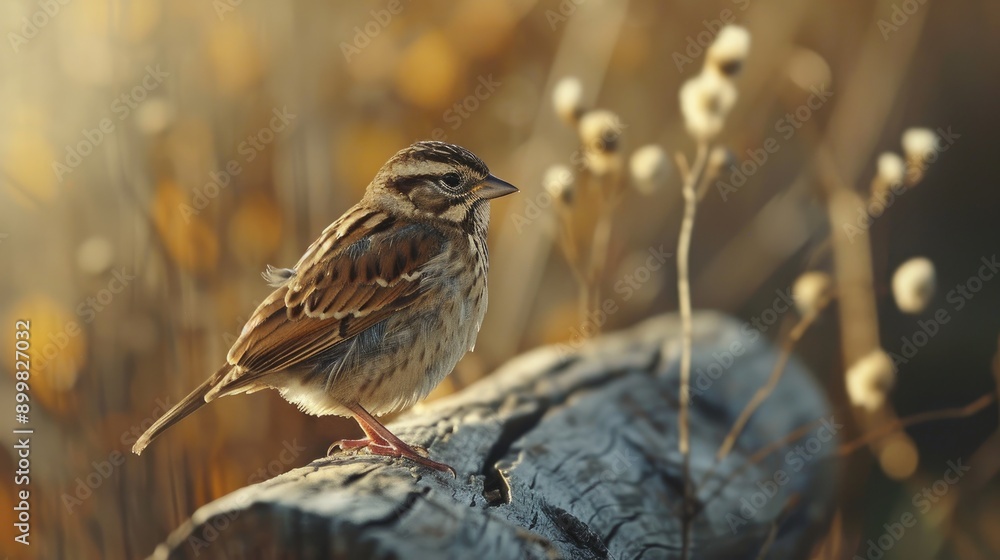 Young song sparrow perched on a wood beam Young song sparrow perched on a wood beam
