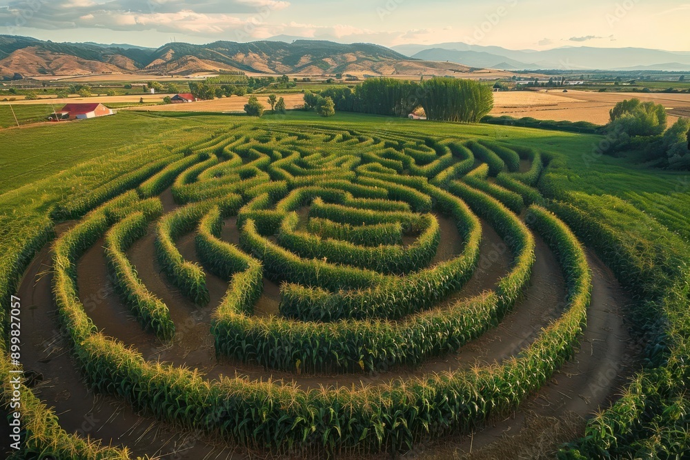 Aerial view of a large corn maze in a field. The maze is intricate and challenging, with many twists and turns. Aerial view of a large corn maze in a field. The maze is intricate and challenging, with many twists and turns.
