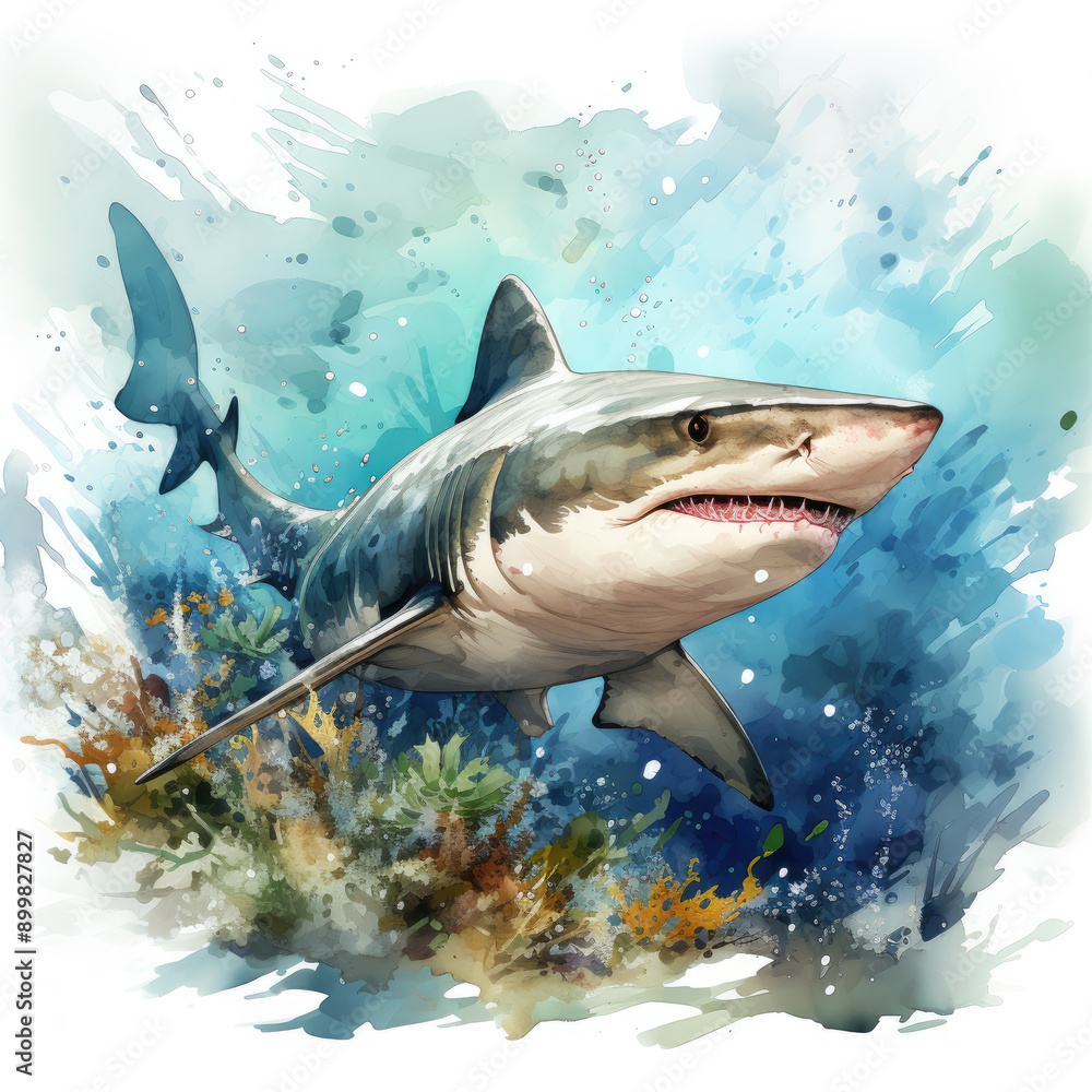 Obraz premium Watercolor Reef shark, clipart Illustration, Generative Ai