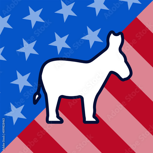 Square poster with a silhouette of a donkey, symbolizing the Democratic Party, set against a backdrop of the American flag. USA Presidential Election 2024