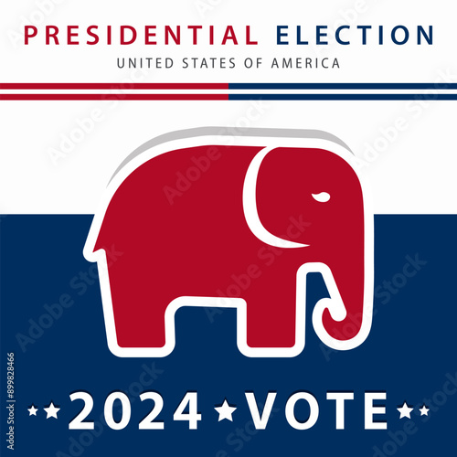 2024 USA Presidential Election poster with a red elephant, symbolizing the Republican Party. Banner in American flag colors,encourages citizens to vote, emphasizing the importance of the participation