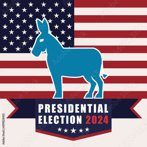 Square vector poster with blue donkey, symbolizing the Democratic nominee, stands against an American flag background, emphasizing the upcoming 2024 USA Presidential Election.