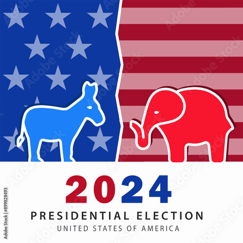 2024 USA Presidential Election poster with the Republican and Democratic party symbols: a red elephant and a blue donkey, on an American flag background.