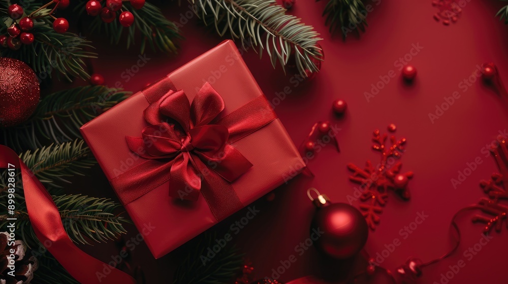 Christmas and New Year s Top view of red gift box with ribbons and decorated tree Christmas and New Year s Top view of red gift box with ribbons and decorated tree