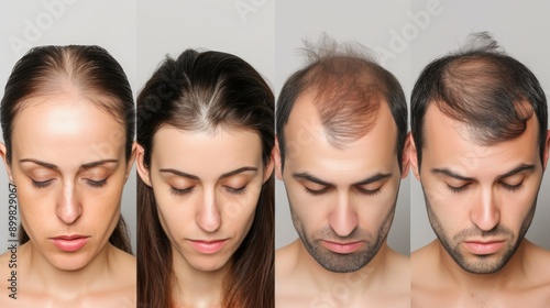 A comparative image showing the different stages of hair loss in both men and women. The image is ideal for medical, educational, and cosmetic use, highlighting the progression of hair thinning and