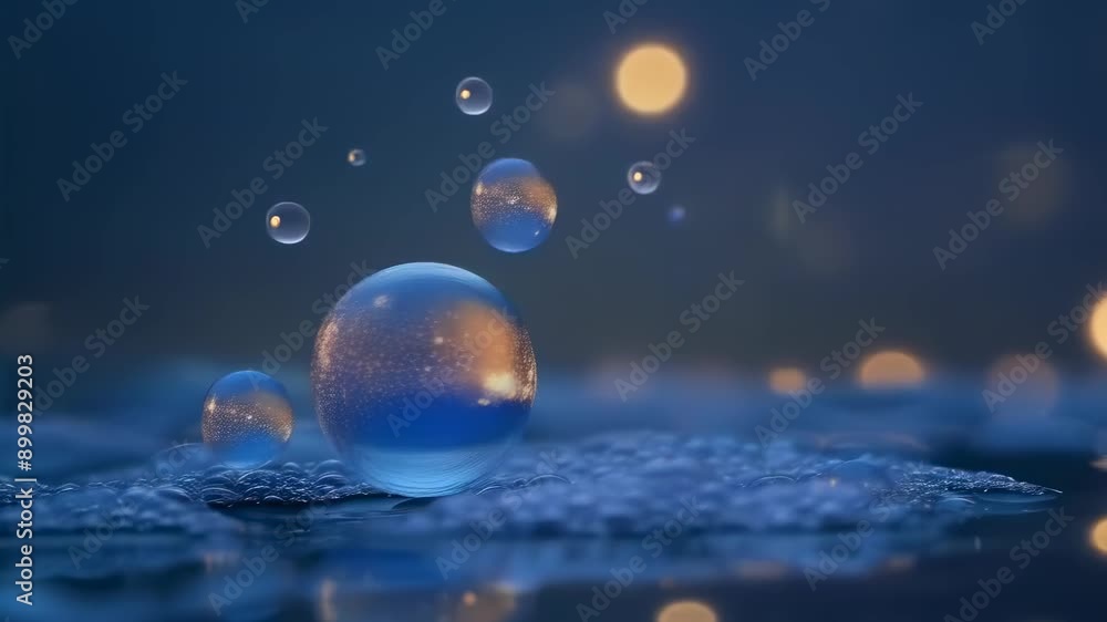 Several spherical water droplets float above a wet surface, reflecting soft light in a serene nighttime setting. The blue and orange hues create a calming, ethereal mood, enhancing the tranquility.