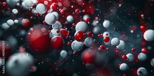 A depiction of molecules with red and white spheres on a dark background