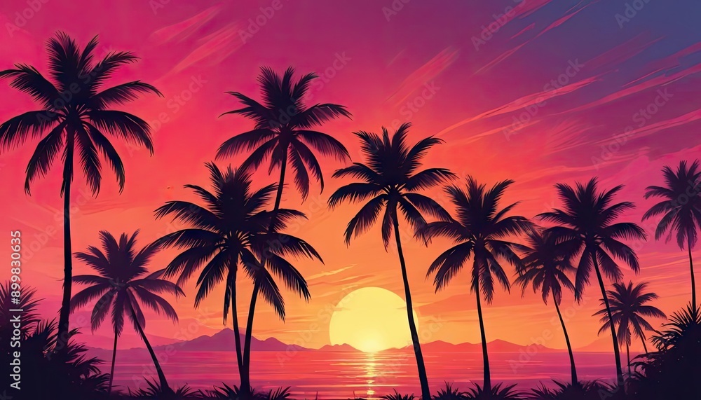 Wide-format tropical sunset with radiant palm silhouettes against a gradient sky of pink and blue hues, perfect for vacation themes. Holiday background. Empty, copy space for text Wide-format tropical sunset with radiant palm silhouettes against a gradient sky of pink and blue hues, perfect for vacation themes. Holiday background. Empty, copy space for text