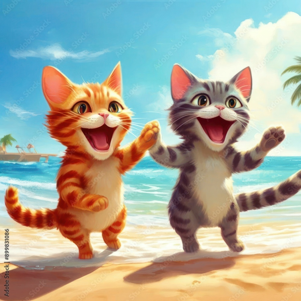 Fototapeta premium Two adorable kittens playing joyfully on a sunny tropical beach scene