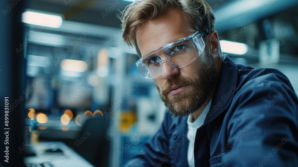 Electronics Design Factory Office: Portrait of Handsome Caucasian Male Engineer Wearing Safety Gear And Working on Desktop Computer, Developing Electronics Design Factory Office: Portrait of Handsome Caucasian Male Engineer Wearing Safety Gear And Working on Desktop Computer, Developing
