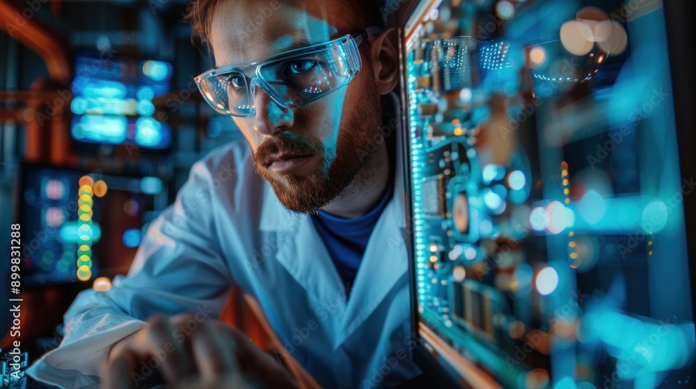 Electronics Design Factory Office: Portrait of Handsome Caucasian Male Engineer Wearing Safety Gear And Working on Desktop Computer, Developing Electronics Design Factory Office: Portrait of Handsome Caucasian Male Engineer Wearing Safety Gear And Working on Desktop Computer, Developing