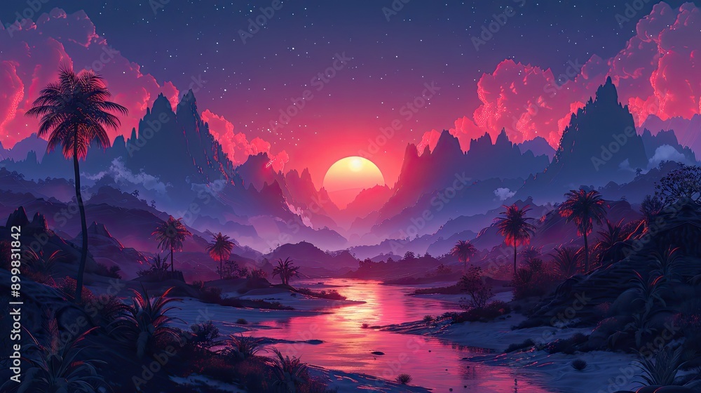Naklejka premium Wide-format tropical sunset with radiant palm silhouettes against a gradient sky of pink and blue hues, perfect for vacation themes. Holiday background. Empty, copy space for text