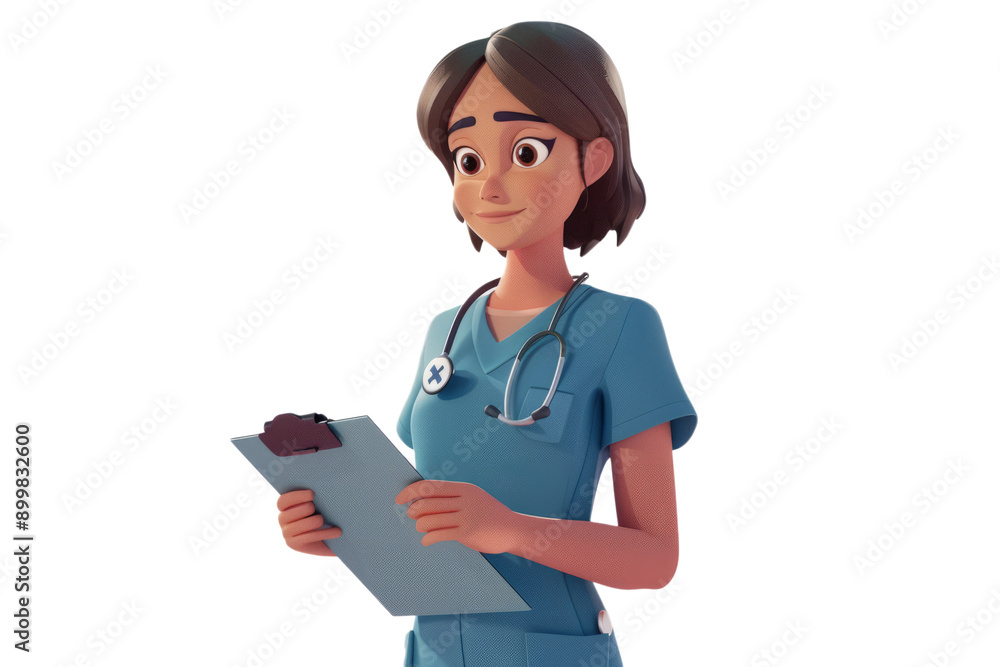 A nurse in scrubs, wearing a stethoscope around her neck, holding a clipboard, white background. A nurse in scrubs, wearing a stethoscope around her neck, holding a clipboard, white background.