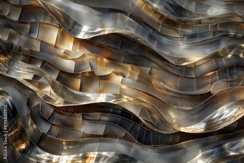 Interwoven metallic threads form a fluid mosaic of waves in an abstract design. The threads reflect light, creating a shimmering effect Interwoven metallic threads form a fluid mosaic of waves in an abstract design. The threads reflect light, creating a shimmering effect