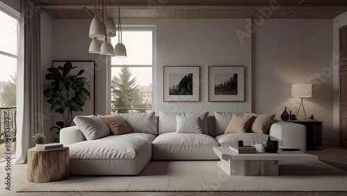 Intelaiature di immagini vuote su parete bianca. progettazione di un soggiorno bianco. vista dell'interno in stile boho scandi mod. Intelaiature di immagini vuote su parete bianca. progettazione di un