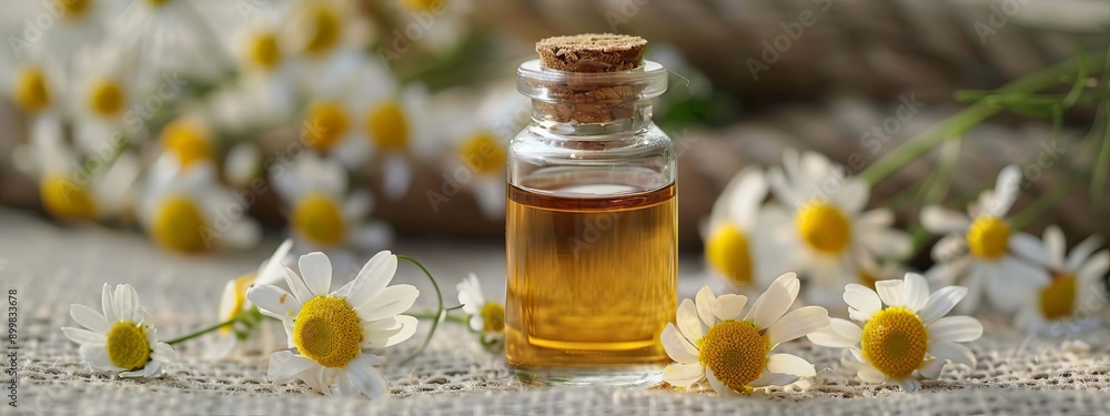 chamomile extract in a small bottle on sacking. selective focus. Generative AI, chamomile extract in a small bottle on sacking. selective focus. Generative AI,
