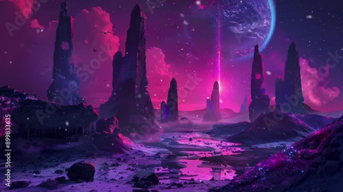 Alien worlds in synthwave style with neon-lit landscapes and a dark background. Seamless Loop Animation