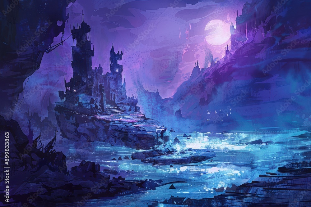 Mystical moonlit castle by the sea Mystical moonlit castle by the sea