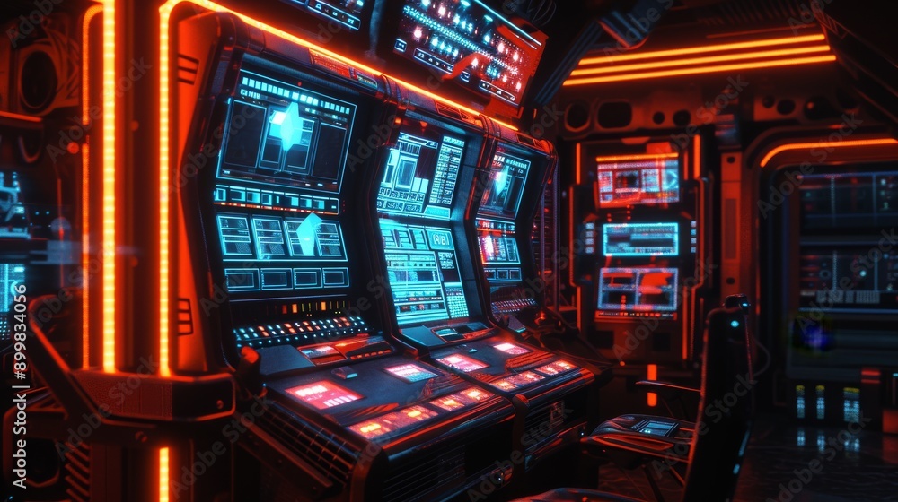 An immersive high-tech command center equipped with numerous digital monitors and control panels. The scene is lit with blue and red neon lights, emphasizing the advanced technology and modern design An immersive high-tech command center equipped with numerous digital monitors and control panels. The scene is lit with blue and red neon lights, emphasizing the advanced technology and modern design