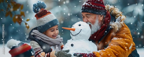 A joyful winter scene with a child and grandparent building a snowman together, surrounded by falling snowflakes. photo