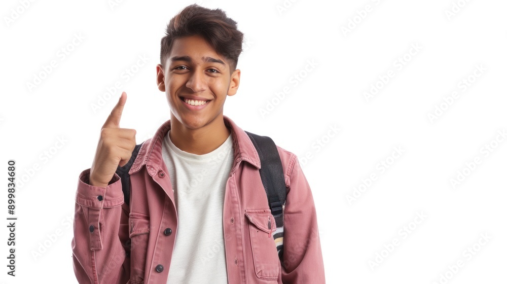 Indian asian college student against white pointing or advertising at blank copy space Indian asian college student against white pointing or advertising at blank copy space