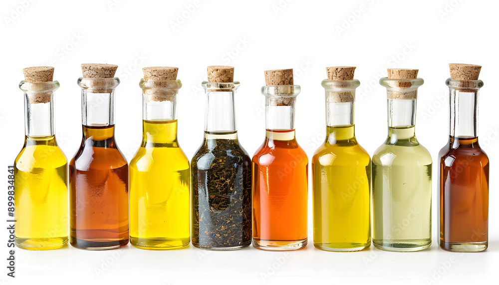 Vegetable fats. Different cooking oils in glass bottles on white background, closeup Vegetable fats. Different cooking oils in glass bottles on white background, closeup