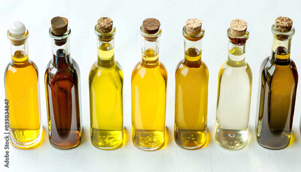 Vegetable fats. Different cooking oils in glass bottles on white background, closeup Vegetable fats. Different cooking oils in glass bottles on white background, closeup